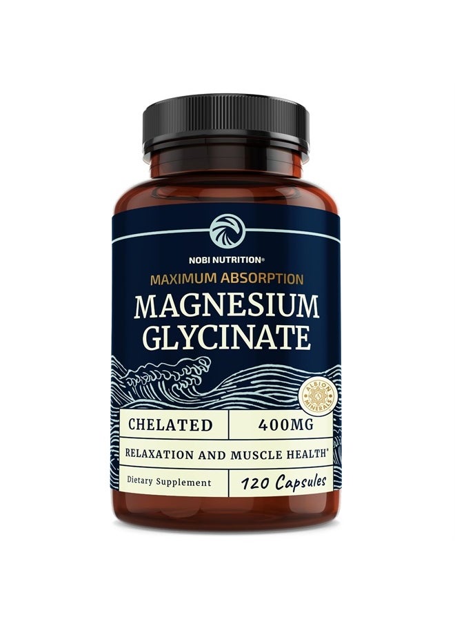 Nobi Nutrition - Magnesium Bisglycinate 400mg Chelated Bisglycinate for Muscle Relaxation, Bones, Heart, Nerve, Sleep And Calm Support for Women & Men, High Absorption Magnesium Supplement Chelate - 120 Capsules - Image 1