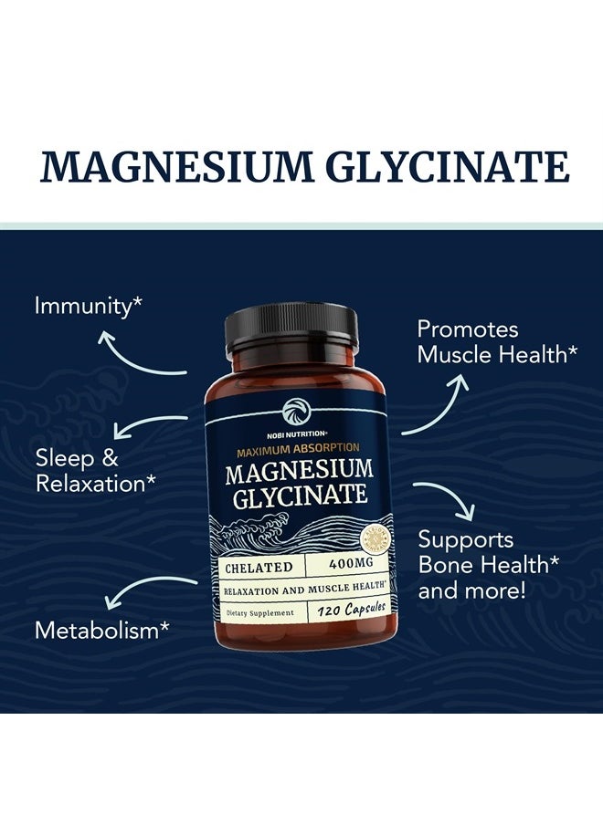 Nobi Nutrition - Magnesium Bisglycinate 400mg Chelated Bisglycinate for Muscle Relaxation, Bones, Heart, Nerve, Sleep And Calm Support for Women & Men, High Absorption Magnesium Supplement Chelate - 120 Capsules - Image 1