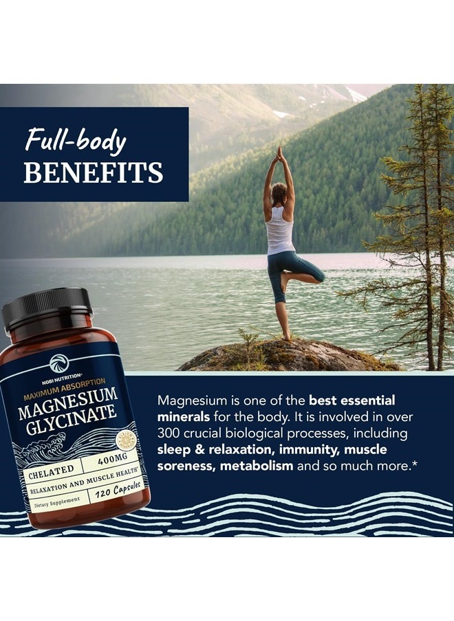 Nobi Nutrition - Magnesium Bisglycinate 400mg Chelated Bisglycinate for Muscle Relaxation, Bones, Heart, Nerve, Sleep And Calm Support for Women & Men, High Absorption Magnesium Supplement Chelate - 120 Capsules - Image 1