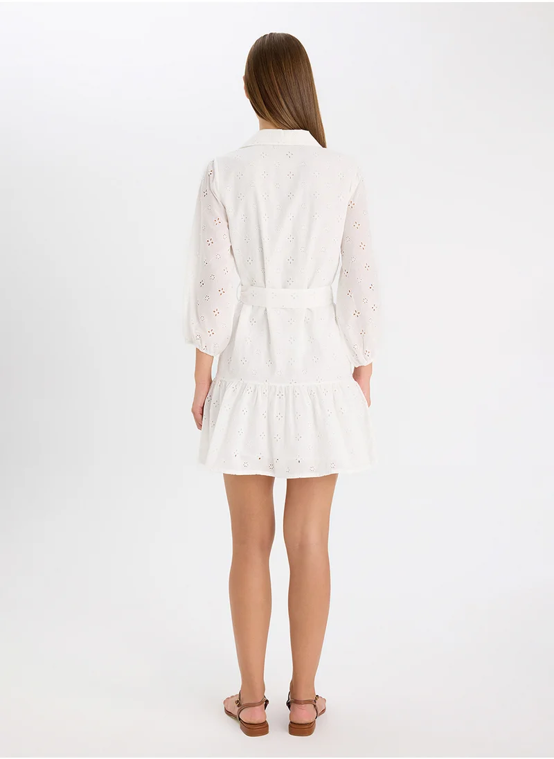 DeFacto Shirt Collar Embroidered Long Sleeve Mini Dress