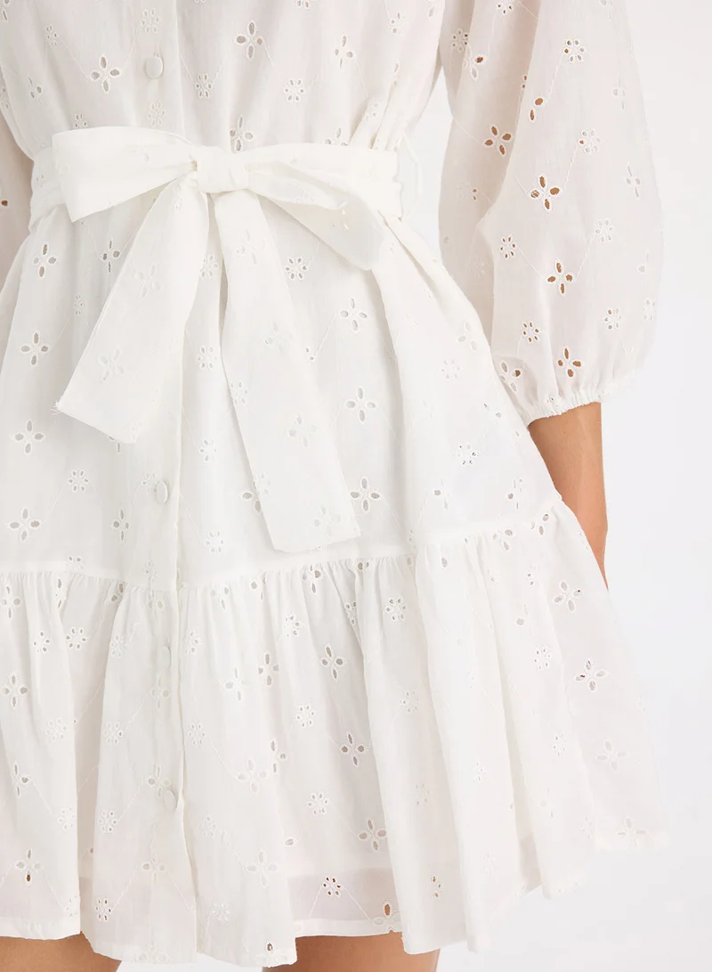 DeFacto Eyelet Tie-Waist Dress
