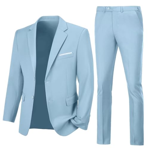 Lynerun Men Suits Slim Fit 2 Button Solid Sky Blue Business Suit Blazer Pants for Men Groom Wedding Jacket Mens Tuxedo for Prom XL - Image 4
