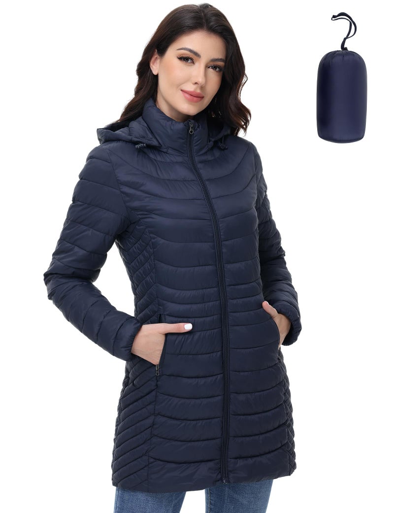 MIDNIGHTSUN Women’s Packable Puffer Jacket Lightweight Puffer Coat Mid-length Hooded Warm Winter Puffy Jacket (Navy, S) - Image 1
