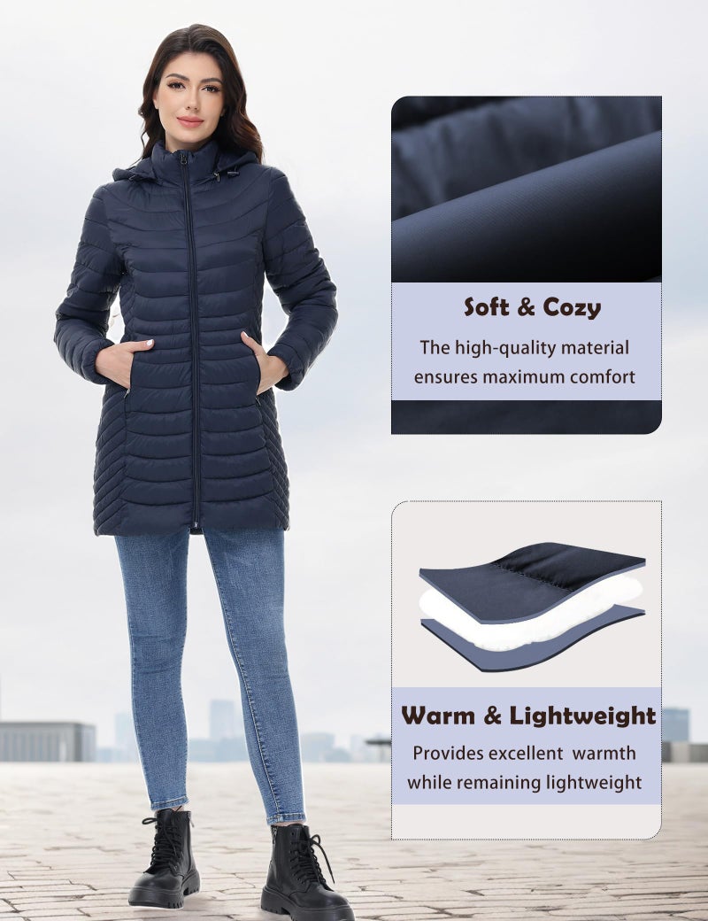 MIDNIGHTSUN Women’s Packable Puffer Jacket Lightweight Puffer Coat Mid-length Hooded Warm Winter Puffy Jacket (Navy, S) - Image 5