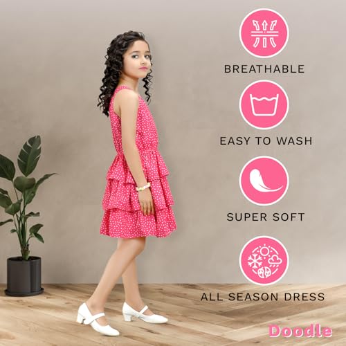 Doodle Floral Dress for Girls | Breathable Kids Frock & Dresses | Western Frocks with Elastic Waist & Sleeveless | Knee Length | Skin Friendly - Pink | Age 4 to 5 Years - Image 3