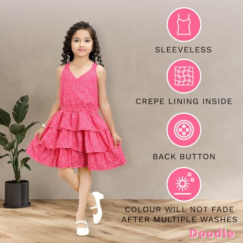 Doodle Floral Dress for Girls | Breathable Kids Frock & Dresses | Western Frocks with Elastic Waist & Sleeveless | Knee Length | Skin Friendly - Pink | Age 4 to 5 Years - Image 2