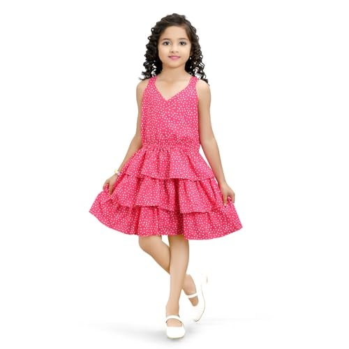Doodle Floral Dress for Girls | Breathable Kids Frock & Dresses | Western Frocks with Elastic Waist & Sleeveless | Knee Length | Skin Friendly - Pink | Age 4 to 5 Years - Image 1