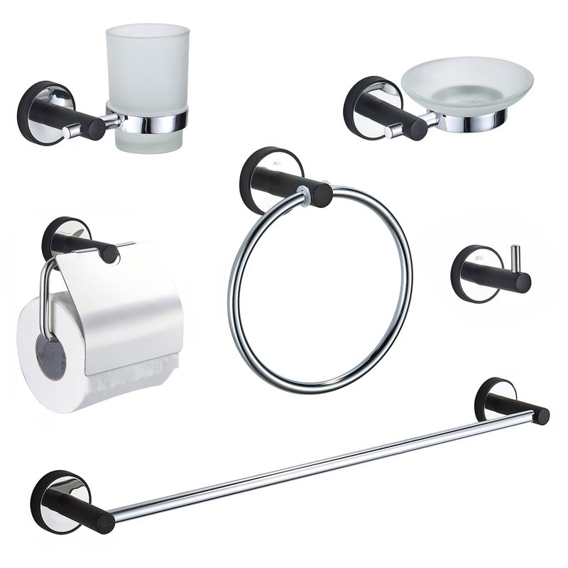 iBELL 6-Piece Bathroom Accessories Set, Stainless Steel Chrome Finish (Towel Rail, Towel Ring, Soap Dish, Tumbler Holder, Toilet Paper Holder, Robe Hook) - Image 1