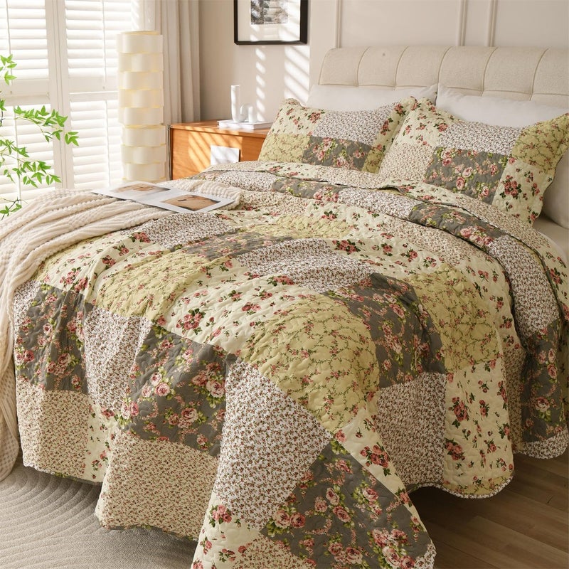 Cmfshape Summer Floral King Quilted Bedspread,Romantic Beige Quilt Set,Reversible Stitched Bedding Cover All Season,Soft Lightweight Coverlet with Pillow Cases (Ivory&Pink, King(102"x90")) - Image 3