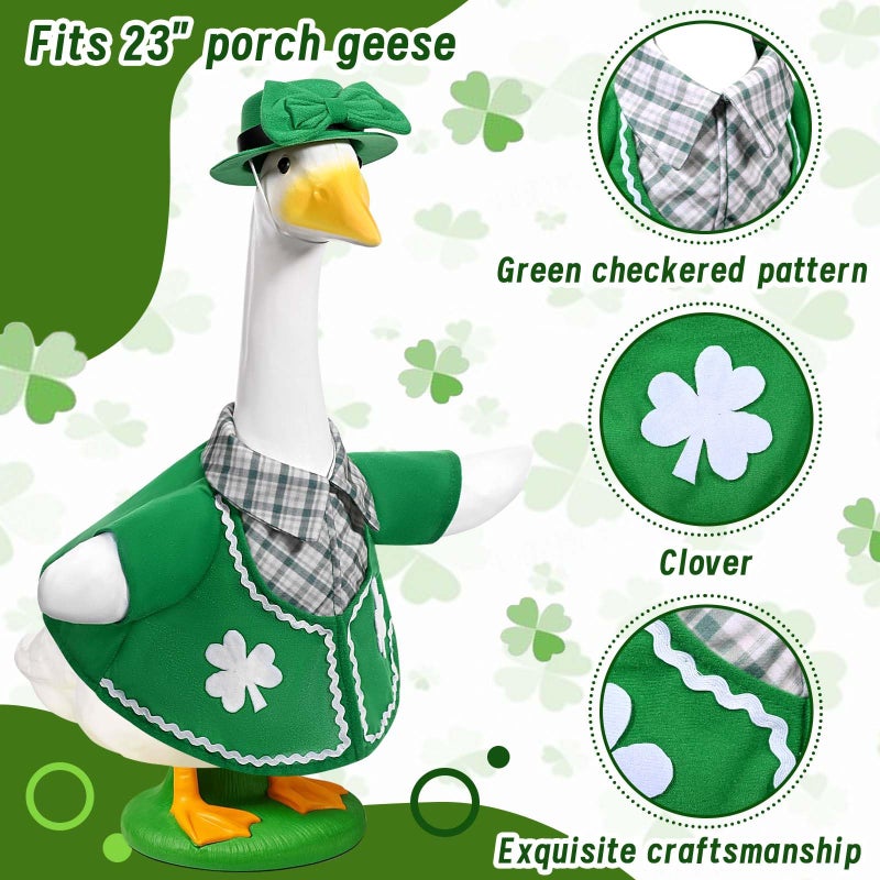 JcHrmers St. Patrick's Day Goose Outfits Irish Clover Porch Goose Clothes Fits 23" Cement Plastic Goose Statue for St. Patrick's Outdoor Garden Lawn Yard Patio Statue Art Decor (Style2) - Image 2