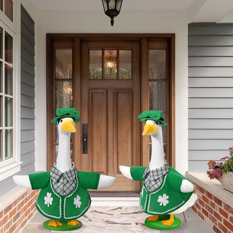 JcHrmers St. Patrick's Day Goose Outfits Irish Clover Porch Goose Clothes Fits 23" Cement Plastic Goose Statue for St. Patrick's Outdoor Garden Lawn Yard Patio Statue Art Decor (Style2) - Image 4