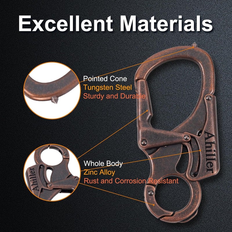 Ahiller مشبك مفاتيح من نوع Karabiner، مزود بخطاف ومشبك إضافي، تصميم بنظام قفل مزدوج - من سبيكة فولاذ الوولفرام - طول 8 سم، مناسب لحزم مفاتيح السيارات - Image 2