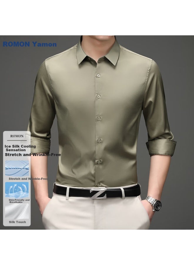 Romon Men's Long Sleeve Wrinkle-resistant Non-iron Business High-end Satin White Shirt Green 44
