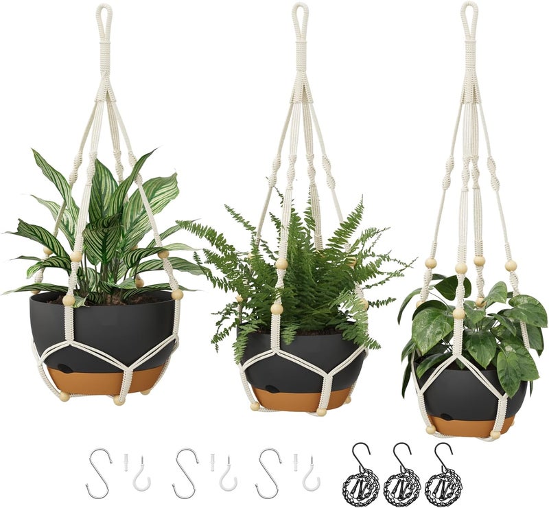 Bamworld 3-Pack Macrame Plant Hangers Indoor with Chain — Self-Watering Hanging Planters w/Drainage Holes & Removable Saucer, (11/9/8 in) — Ideal Plant Hanger for Hanging Plant displays(Black) - Image 1