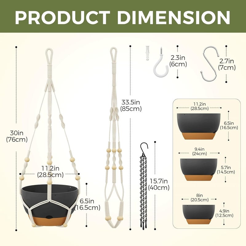 Bamworld 3-Pack Macrame Plant Hangers Indoor with Chain — Self-Watering Hanging Planters w/Drainage Holes & Removable Saucer, (11/9/8 in) — Ideal Plant Hanger for Hanging Plant displays(Black) - Image 2