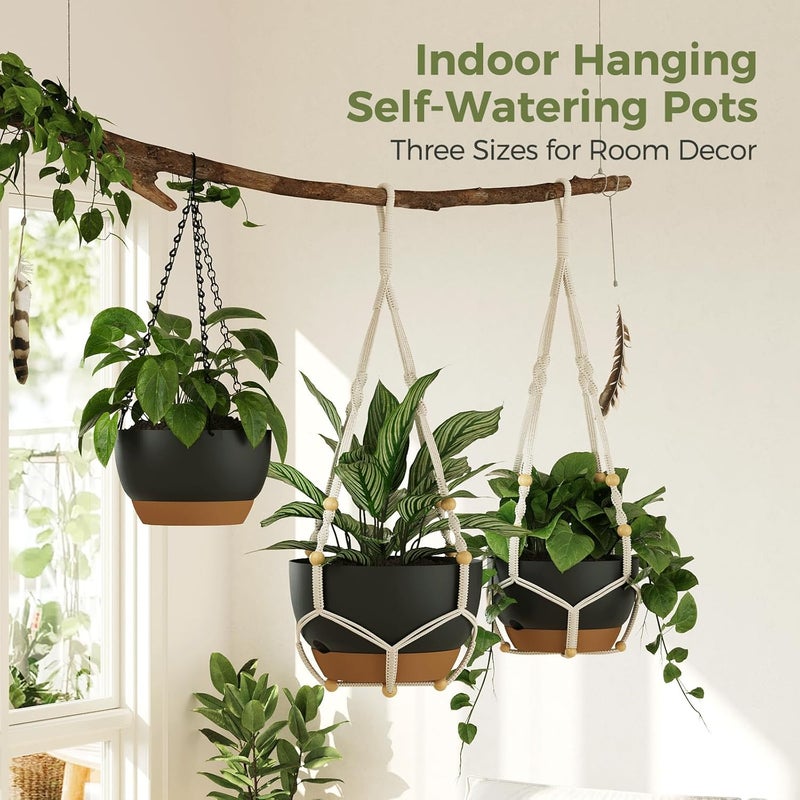 Bamworld 3-Pack Macrame Plant Hangers Indoor with Chain — Self-Watering Hanging Planters w/Drainage Holes & Removable Saucer, (11/9/8 in) — Ideal Plant Hanger for Hanging Plant displays(Black) - Image 3
