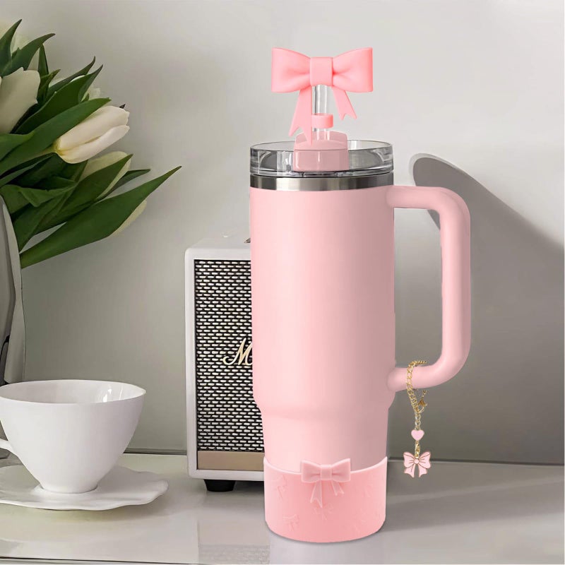 Hpebl Cup Accessories Set For Stanley Including 2Pcs Cute Bow Straw Cover Caps 10Mm Reusable Straw Toppers 1Pcs Silicone Boot Sleeve And 1Pcs Handle Charm For Stanley Tumbler 30&40Oz Pink - Image 5