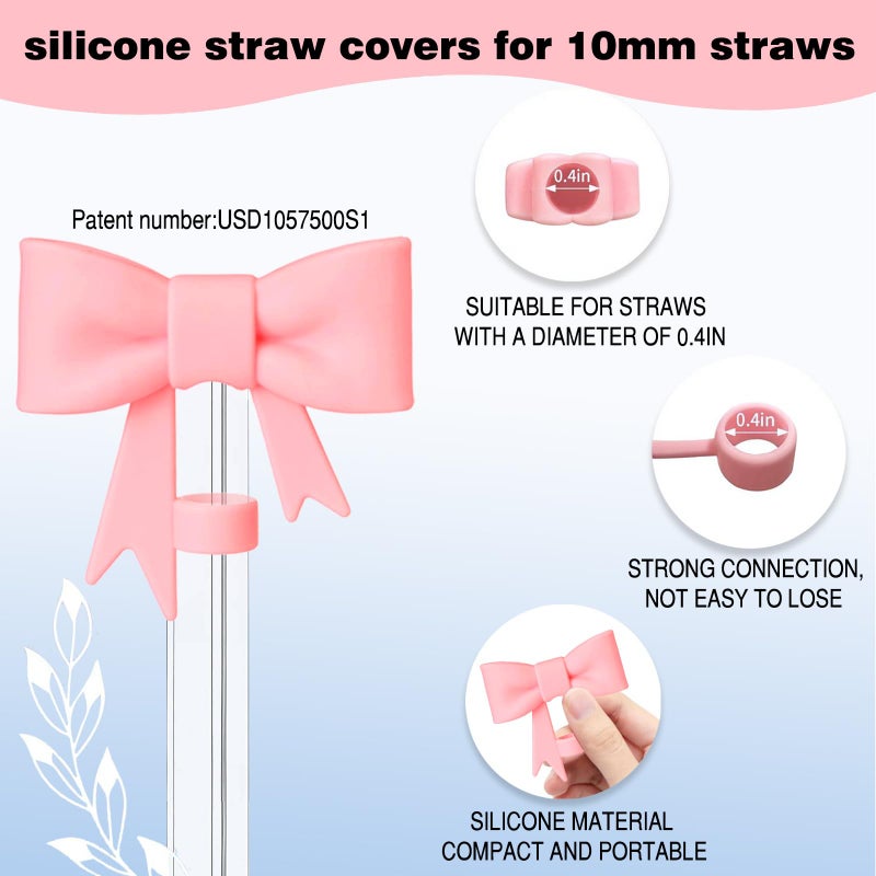 Hpebl Cup Accessories Set For Stanley Including 2Pcs Cute Bow Straw Cover Caps 10Mm Reusable Straw Toppers 1Pcs Silicone Boot Sleeve And 1Pcs Handle Charm For Stanley Tumbler 30&40Oz Pink - Image 2