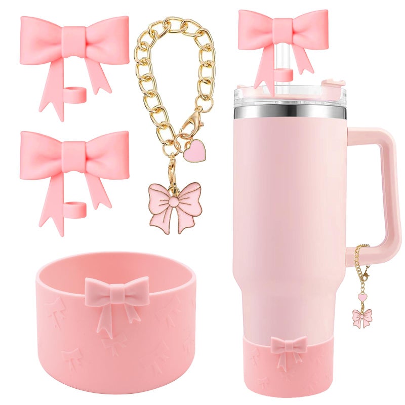 Hpebl Cup Accessories Set For Stanley Including 2Pcs Cute Bow Straw Cover Caps 10Mm Reusable Straw Toppers 1Pcs Silicone Boot Sleeve And 1Pcs Handle Charm For Stanley Tumbler 30&40Oz Pink - Image 1