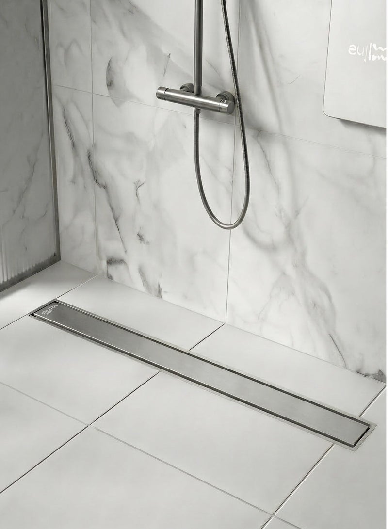 Pura Stainless Steel 304 Linear Shower Drain with Horizontal Outlet DN50, Modern Bathroom Floor Drain Channel with Hair Strainer and Removable Odor Trap, Fast Flow 48L/Min, Invisible Tile Insert Design, Multiple Length Options - Image 1