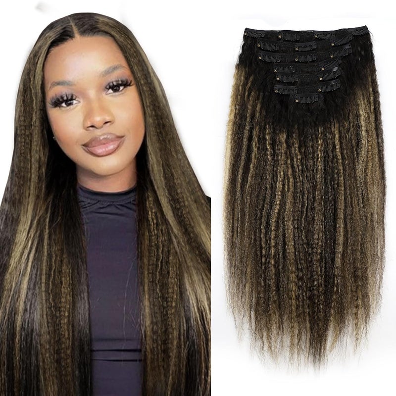 Sassina Kinky Style Clip in Human Hair Extensions Two Tone Natural Color to Strawberry Blonde Double Weft Remy Human Hair for African American Women 18 Inch 120 Gram 7 Pcs T1B1BP27