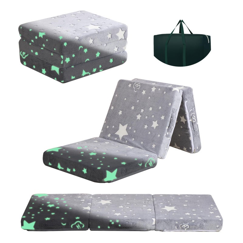 Kisdsa Foldable Floor Mattress for KidsFolding Toddler Floor Nap Mat for Sleeping DaycareTrifold Foam Mattress Floor BedChild Trifold Futon Sofa with Storage Bag57x23Glow Star