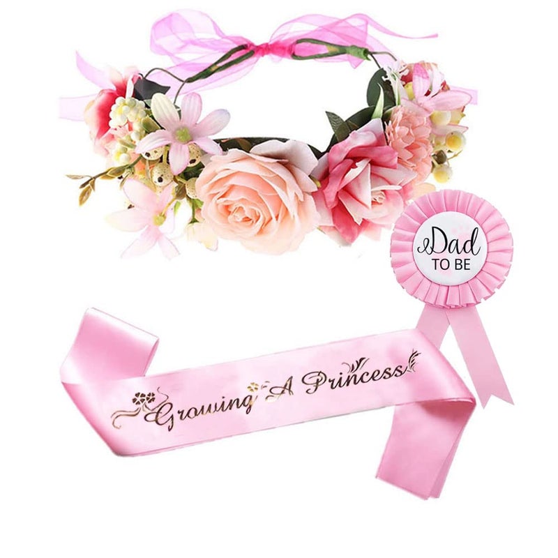Ulfanit Girls Baby Shower Decoration - Adjustable Flower Crown Tiara and Growing A Princess Sash, Daddy Pin, Pink Party Gifts for Expectant Mom Dad Parents - Image 1