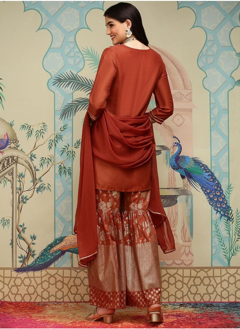 ISHIN - Women's Rust Chiffon Self Design Full Length Palazzo Kurta Set - Image 1