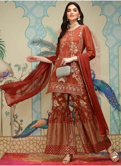 ISHIN Rust Kurta Set Straight Fit 3/4 Sleeve Sleeve made from Chinon featuring Self Design design and Round Neck neckline - Perfect for Ethinic!  - Image 5