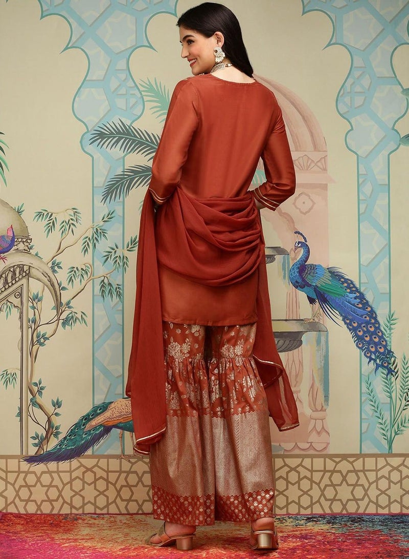 ISHIN Women's Rust Chiffon Self Design Full Length Palazzo Kurta Set  - Image 5