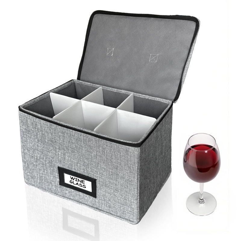 HURZMORO Wine Glass Storage Box with Dividers, Holds 6 Red or White Wine Glasses, Hard Top and Sides,6 Compartment Stemware Storage Container, Grey - Image 1