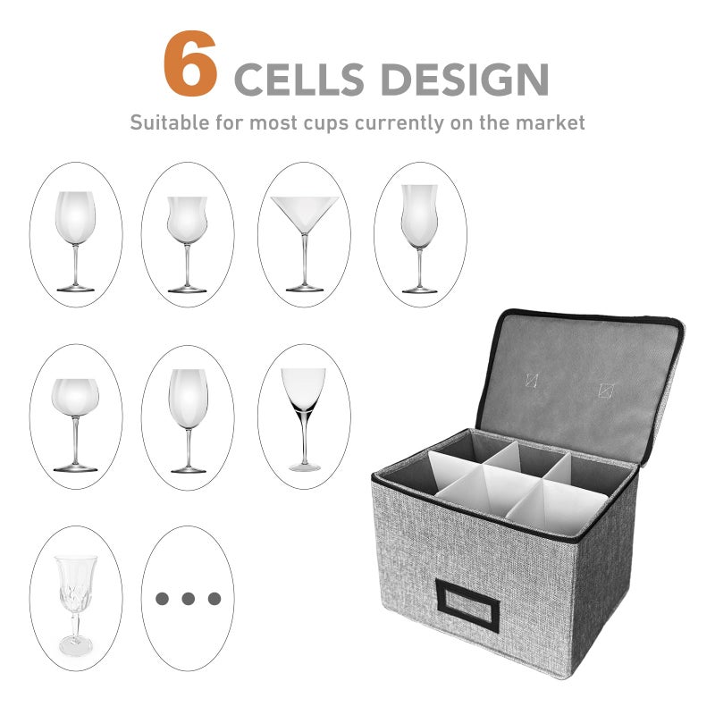 HURZMORO Wine Glass Storage Box with Dividers, Holds 6 Red or White Wine Glasses, Hard Top and Sides,6 Compartment Stemware Storage Container, Grey - Image 4