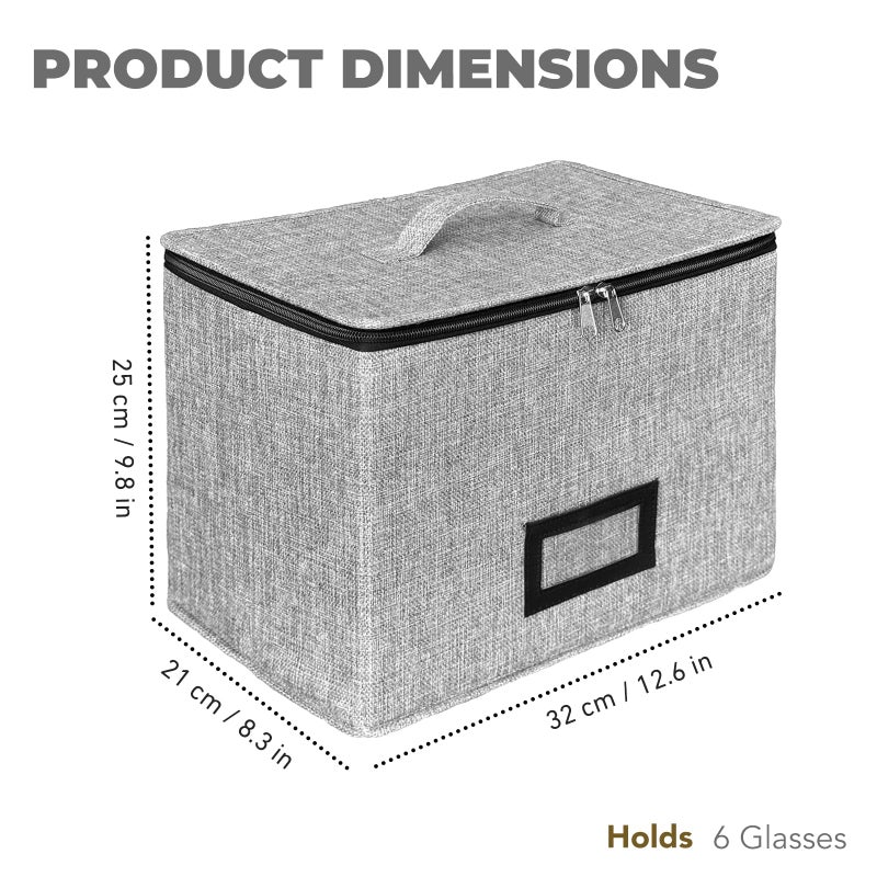 HURZMORO Wine Glass Storage Box with Dividers, Holds 6 Red or White Wine Glasses, Hard Top and Sides,6 Compartment Stemware Storage Container, Grey - Image 2