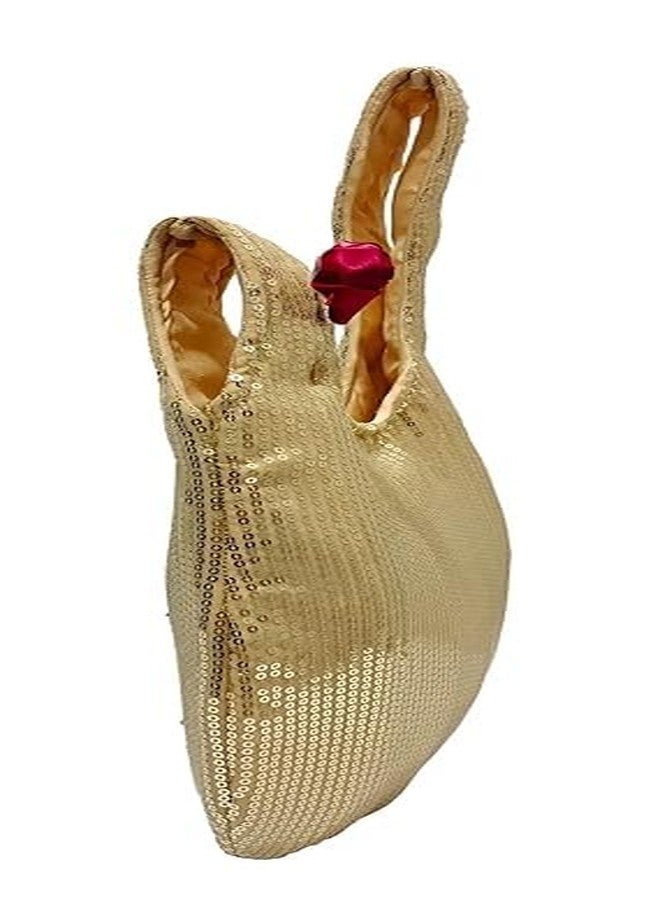 athizay Sequins Potli Bag Golden Evening Handbag for Women Wedding Japanese Knot Style Contemporary Wristlet Purses with Red Rose Brooch - Image 5