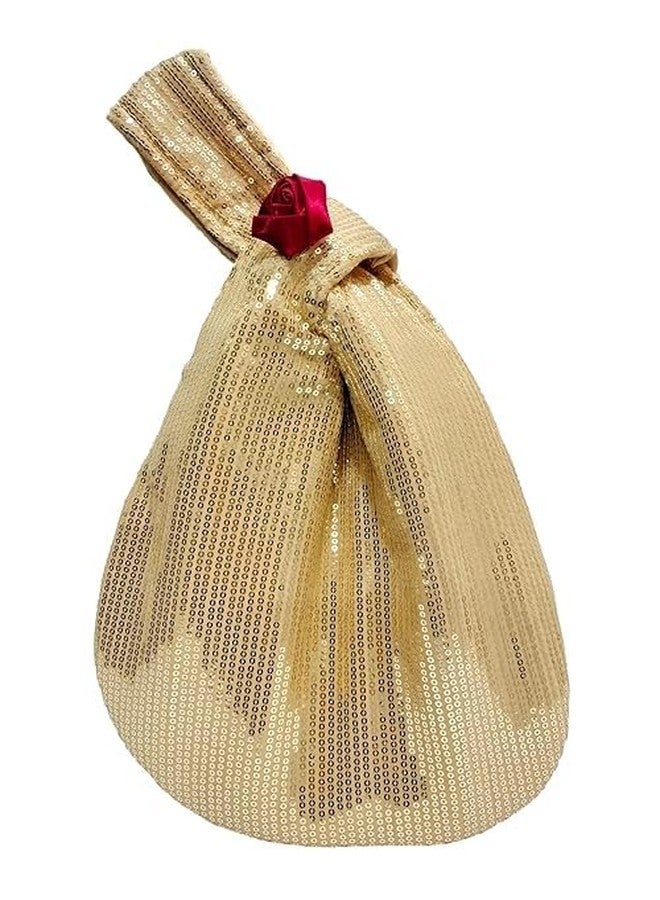 athizay Sequins Potli Bag Golden Evening Handbag for Women Wedding Japanese Knot Style Contemporary Wristlet Purses with Red Rose Brooch - Image 1