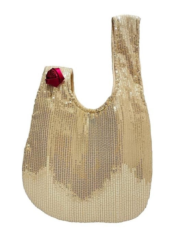 athizay Sequins Potli Bag Golden Evening Handbag for Women Wedding Japanese Knot Style Contemporary Wristlet Purses with Red Rose Brooch - Image 2