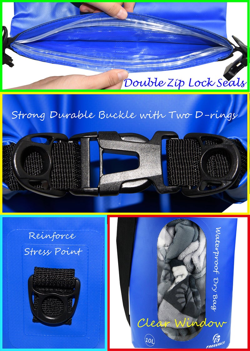 Freegrace Waterproof Dry Bags Set of 3 Dry Bag with 2 Zip Lock Seals & Detachable Shoulder Strap, Waist Pouch & Phone Case - Can Be Submerged Into Water - for Swimming (Navy Blue(Window), 10L) - Image 3