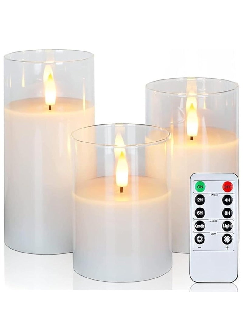JAJEEK Set of 3 Glass Flameless Candles with Timer & Remote Control – Flickering LED Pillar Candle, Battery Powered, Ideal for Holiday, Confessions, Restaurant & Home Decoration - Image 1