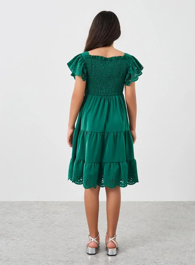 Styli Styli Laser Cut Detail Smocked Tiered Dress