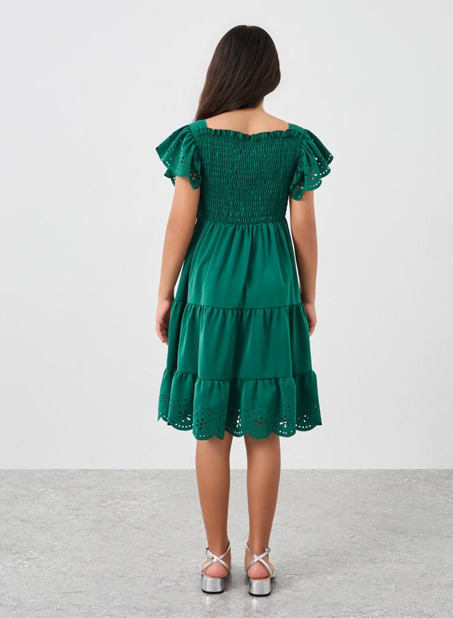 Styli Laser Cut Detail Smocked Tiered Dress - Image 4