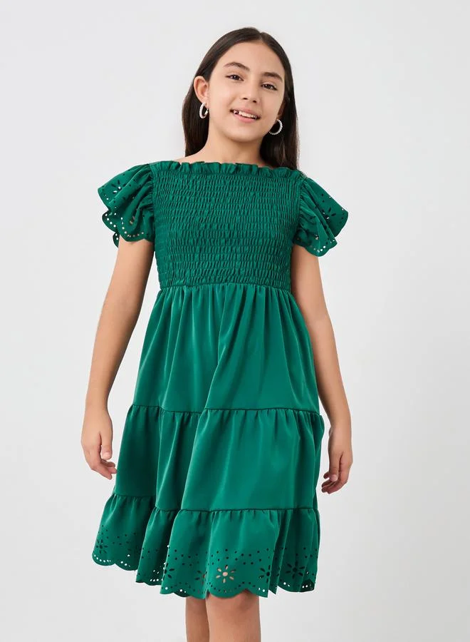 Styli Styli Laser Cut Detail Smocked Tiered Dress
