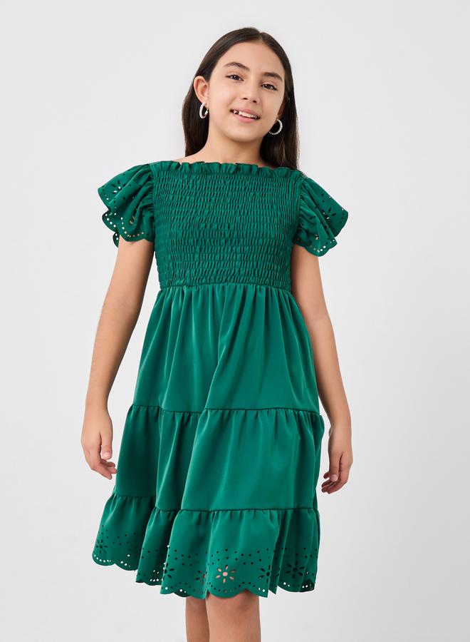 Styli Laser Cut Detail Smocked Tiered Dress - Image 2