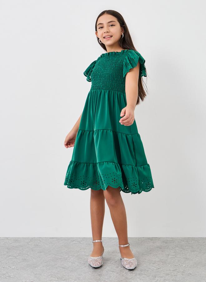 Styli Laser Cut Detail Smocked Tiered Dress - Image 1