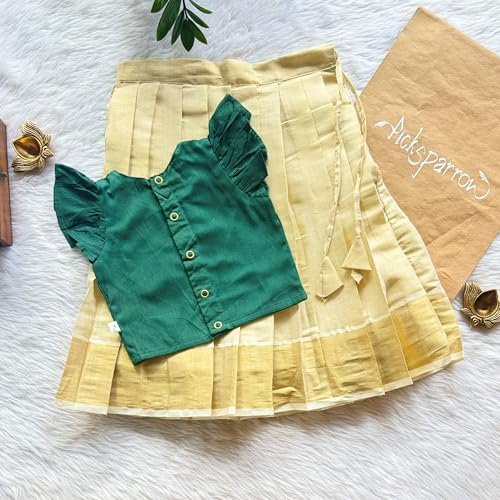 Picksparrow Baby Girls Traditional Kasavu PattuPavadai/Lehenga Set (Peacock-Tissue) (Green, 6-12 Months) - Image 3
