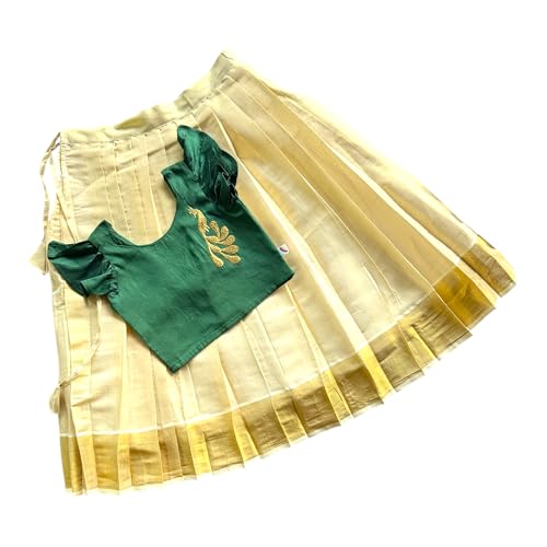 Picksparrow Baby Girls Traditional Kasavu PattuPavadai/Lehenga Set (Peacock-Tissue) (Green, 6-12 Months) - Image 1