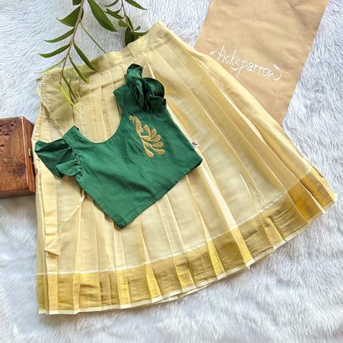 Picksparrow Baby Girls Traditional Kasavu PattuPavadai/Lehenga Set (Peacock-Tissue) (Green, 6-12 Months) - Image 2