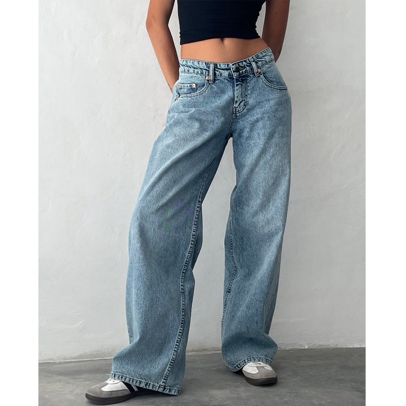 Women's Low-Rise Washed Straight-Leg Non-Stretch Denim Jeans, Full Length Vintage Street Style - Image 1