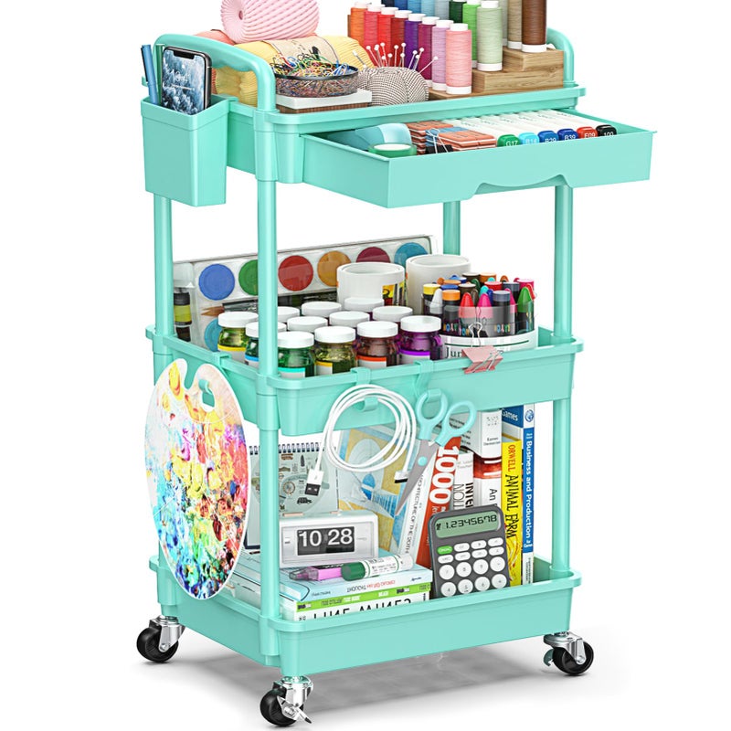 SUNALLY 3-Tier Rolling Cart with Drawer & Lockable Wheels, Bathroom Storage Organizer Multifunctional Rolling Storage Cart for Bathroom, Kitchen, Office, Craft, Makeup, Baby Essentials, Blue - Image 1