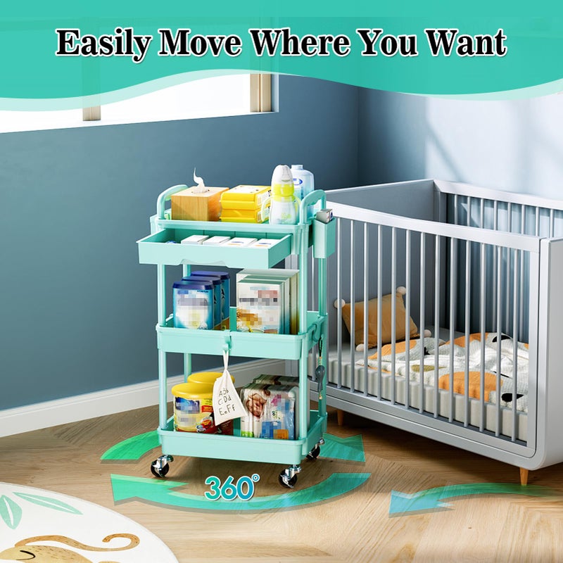 SUNALLY 3-Tier Rolling Cart with Drawer & Lockable Wheels, Bathroom Storage Organizer Multifunctional Rolling Storage Cart for Bathroom, Kitchen, Office, Craft, Makeup, Baby Essentials, Blue - Image 4
