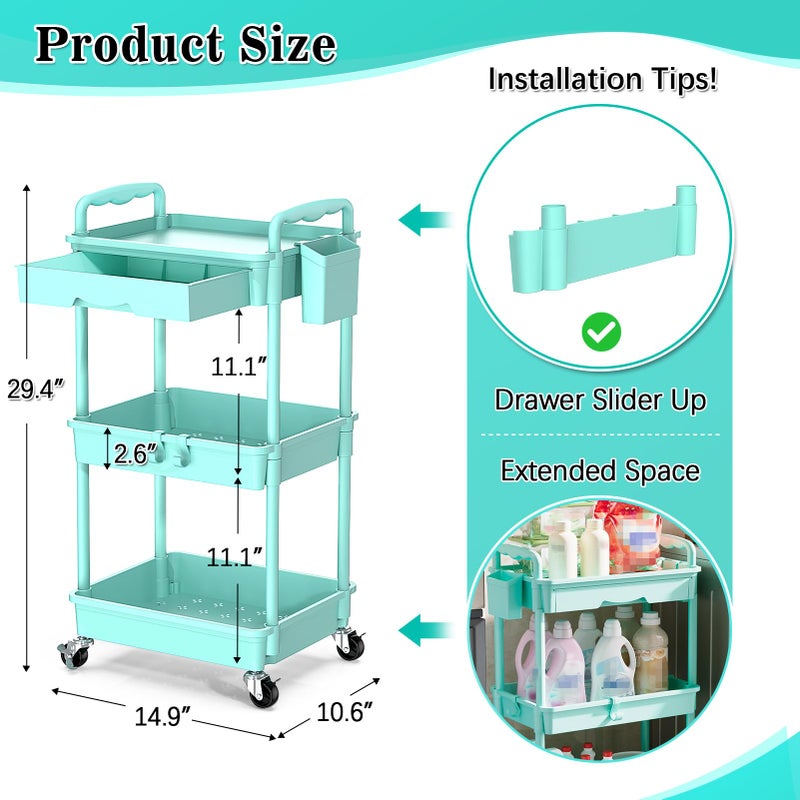 SUNALLY 3-Tier Rolling Cart with Drawer & Lockable Wheels, Bathroom Storage Organizer Multifunctional Rolling Storage Cart for Bathroom, Kitchen, Office, Craft, Makeup, Baby Essentials, Blue - Image 2